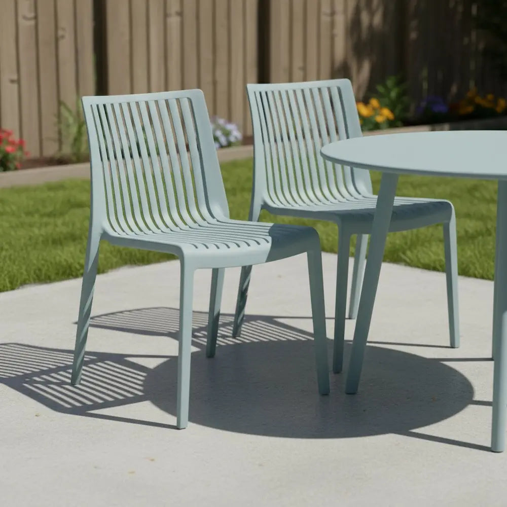 Set of Two Baby Blue Heavy Duty Plastic Outdoor Stacking Accent Chairs - NOBLE HOME INTERIORS