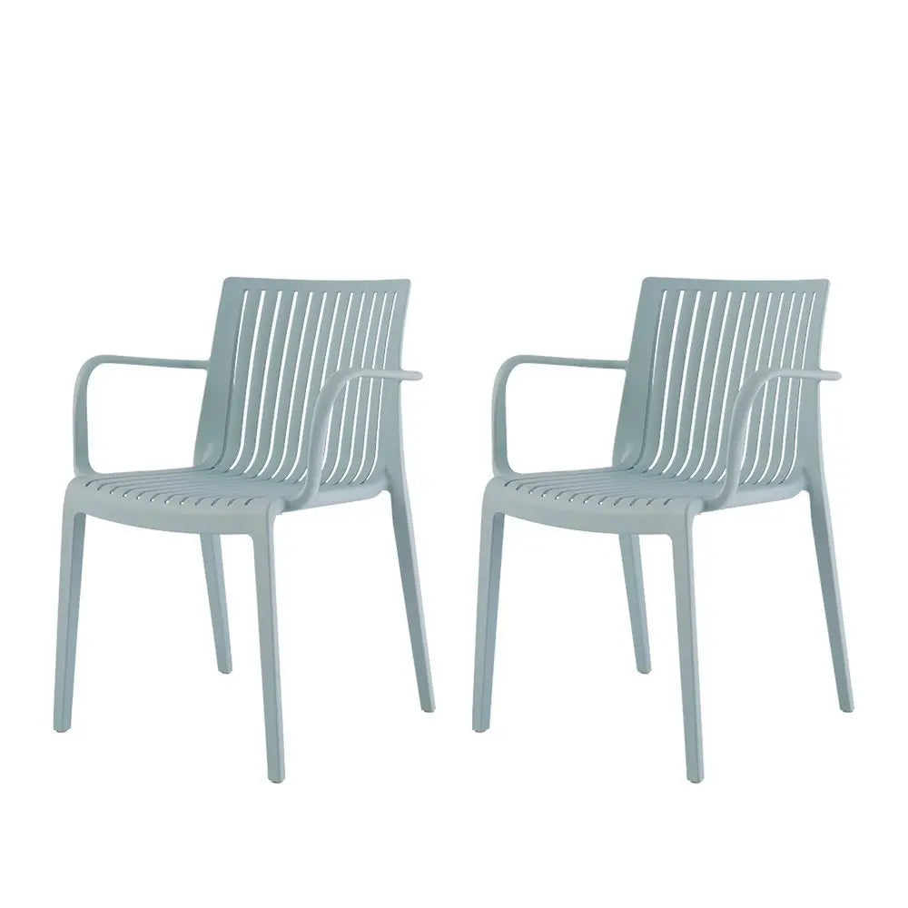 Set of Two Baby Blue Heavy Duty Plastic Outdoor Stacking Arm Chairs - NOBLE HOME INTERIORS