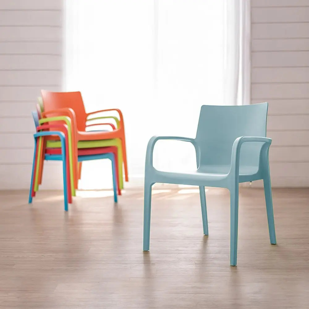 Set of Two Baby Blue Heavy Duty Plastic Outdoor Stacking Dining Chairs - NOBLE HOME INTERIORS