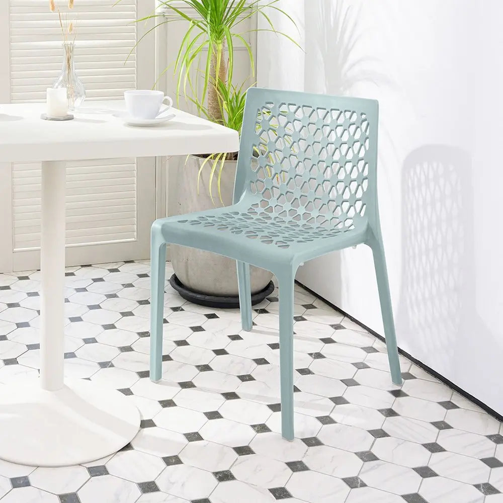 Set of Two Baby Blue Heavy Duty Plastic Outdoor Stacking Dining Chairs - NOBLE HOME INTERIORS