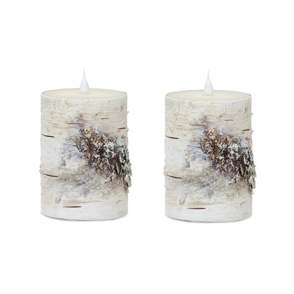 Set of Two Beige and Ivory Faux Birchwood Flameless Pillar Candle - NOBLE HOME INTERIORS