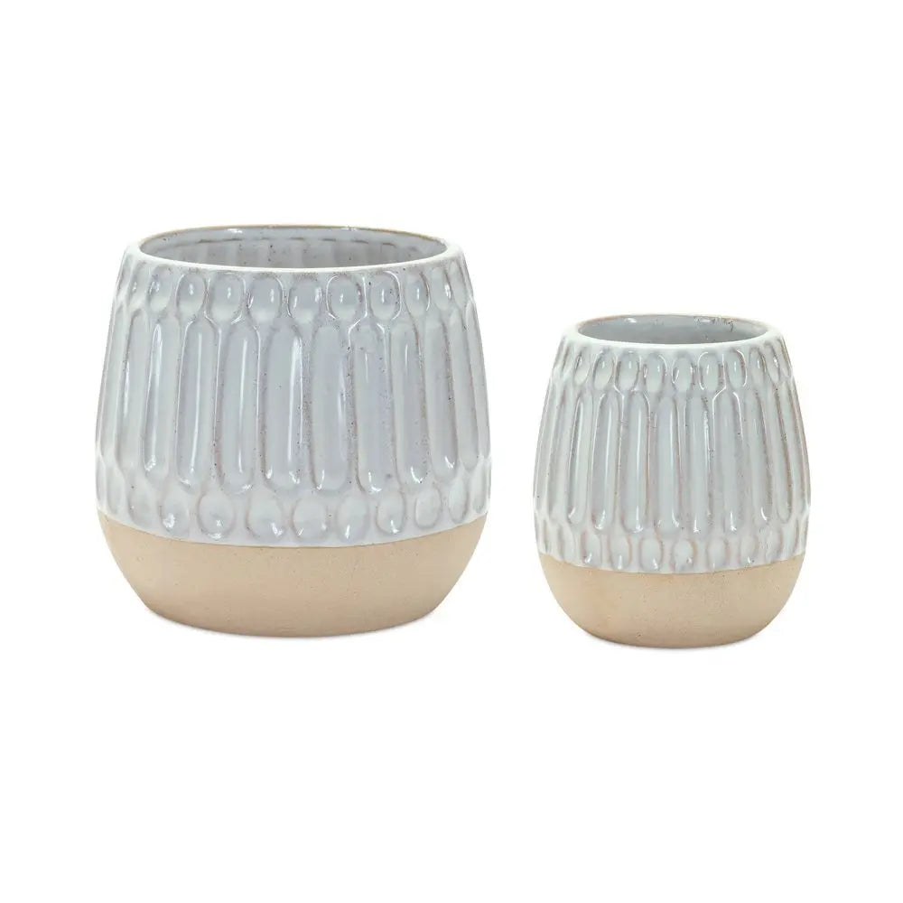 Set of Two Beige and White Ribbed Round Porcelain Table Vase - NOBLE HOME INTERIORS