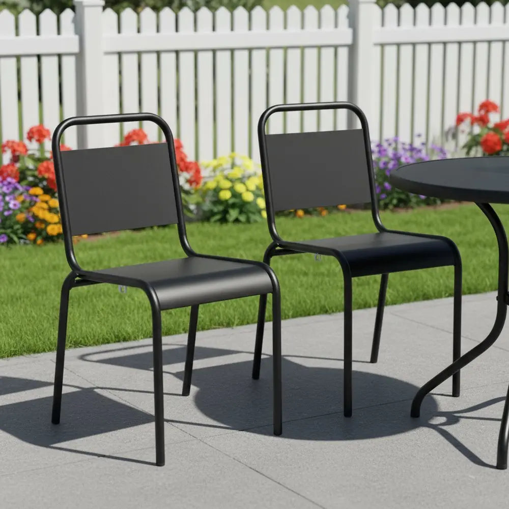Set of Two Black Aluminum Outdoor Stacking Dining Chairs - NOBLE HOME INTERIORS