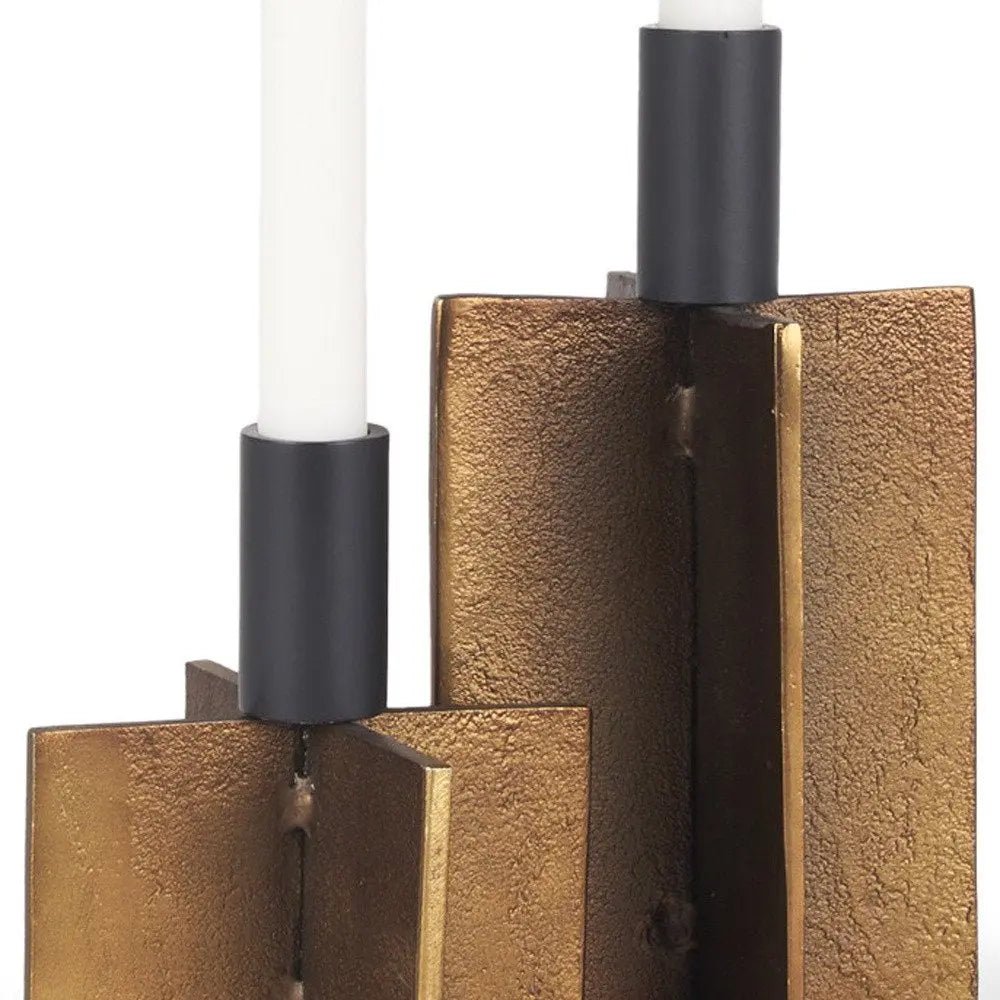Set of Two Black And Antiqued Gold Distressed Geometric Metal Tabletop Taper Candle Holders HomeRoots