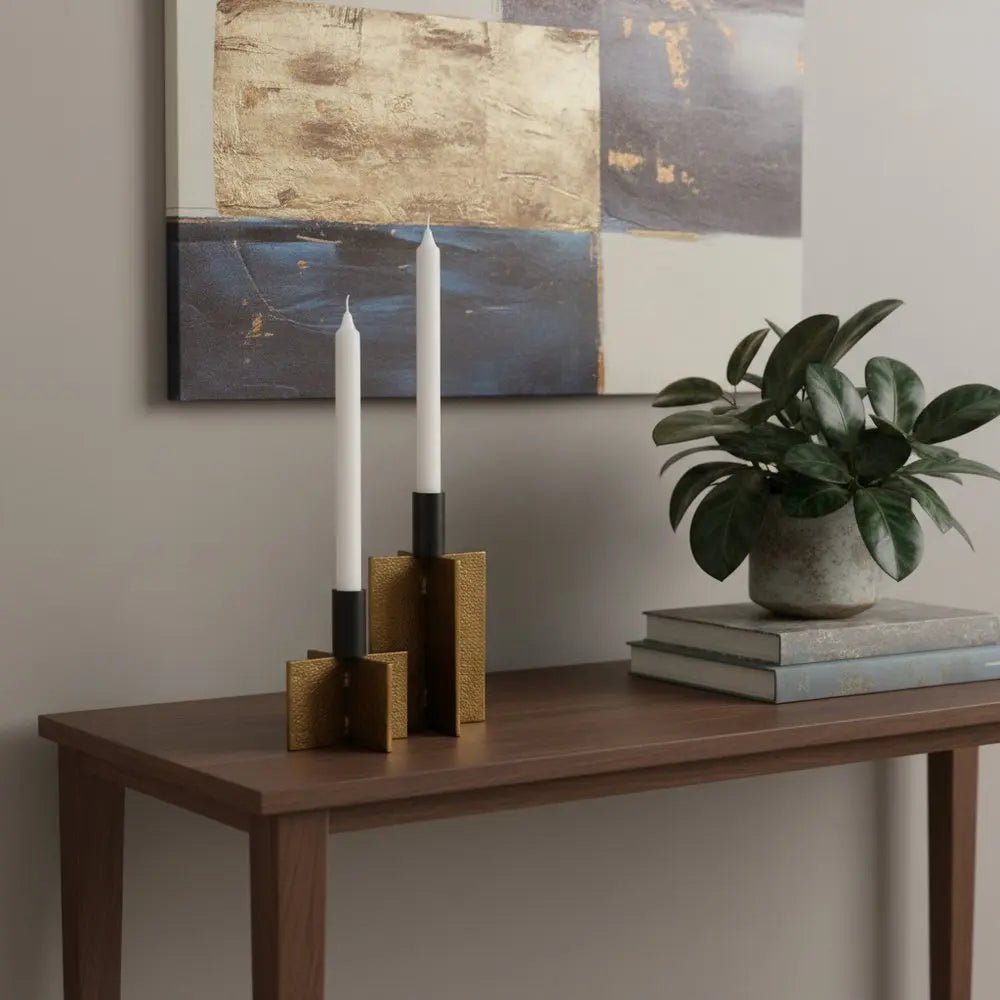 Set of Two Black And Antiqued Gold Distressed Geometric Metal Tabletop Taper Candle Holders HomeRoots