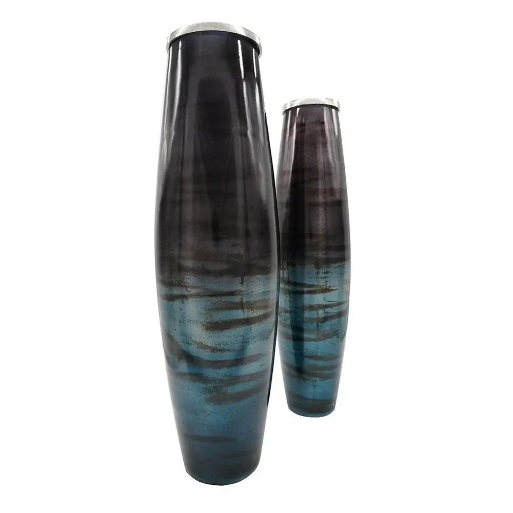 Set of Two Black And Blue Abstract Glass Cylinder Floor Vases - NOBLE HOME INTERIORS