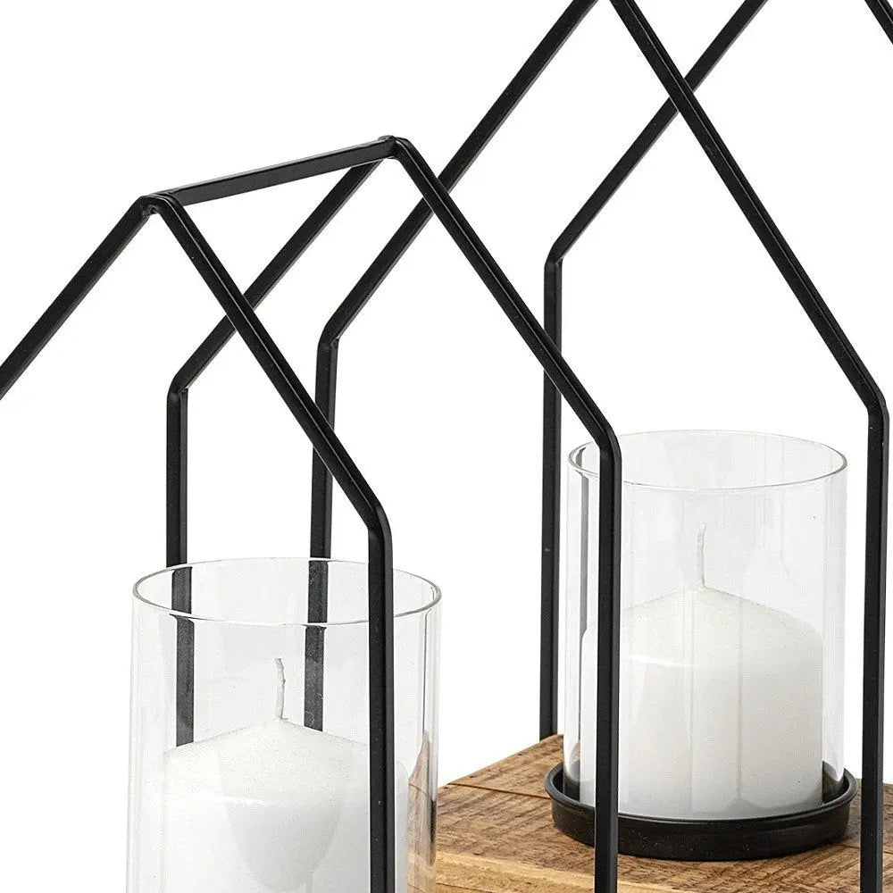 Set of Two Black And Brown Distressed Geometric Metal Tabletop Lantern Candle Holders HomeRoots