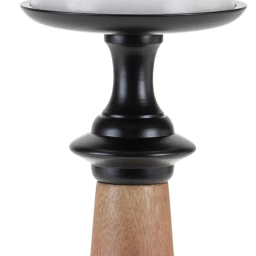 Set of Two Black And Brown Metal And Solid Wood Tabletop Pillar Candle Holders - NOBLE HOME INTERIORS