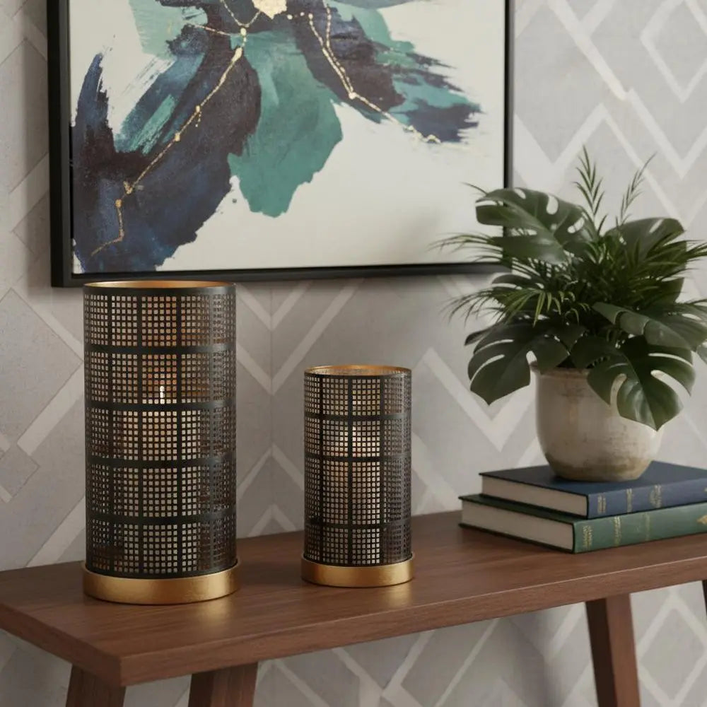 Set of Two Black And Gold Abstract Metal Tabletop Pillar Candle Holders - NOBLE HOME INTERIORS