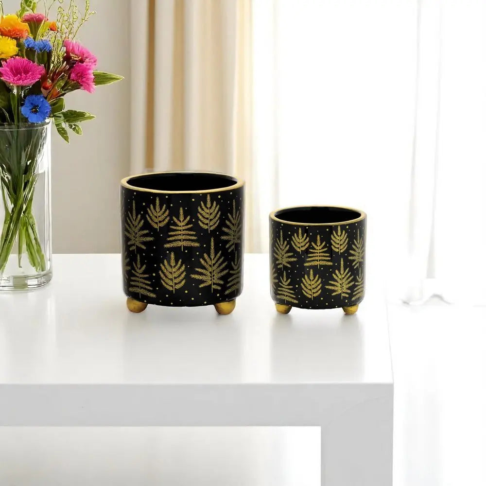 Set of Two Black And Gold Ceramic Pot Planters - NOBLE HOME INTERIORS