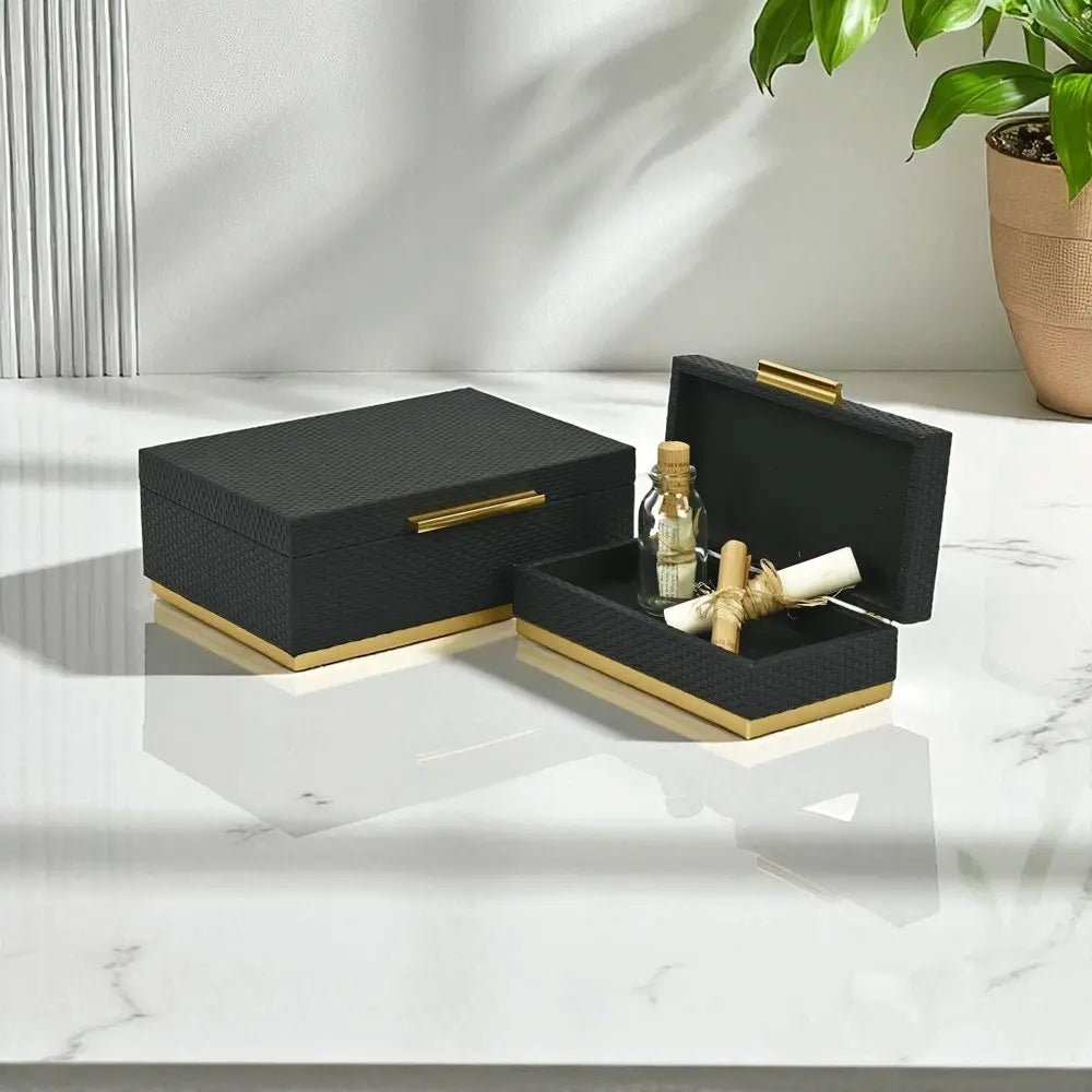 Set of Two Black And Gold Nesting Decorative Storage Boxes With Lids HomeRoots