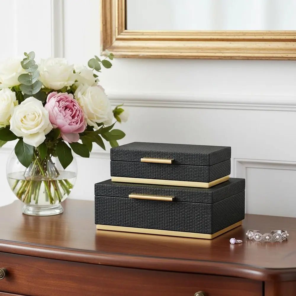 Set of Two Black And Gold Nesting Decorative Storage Boxes With Lids HomeRoots