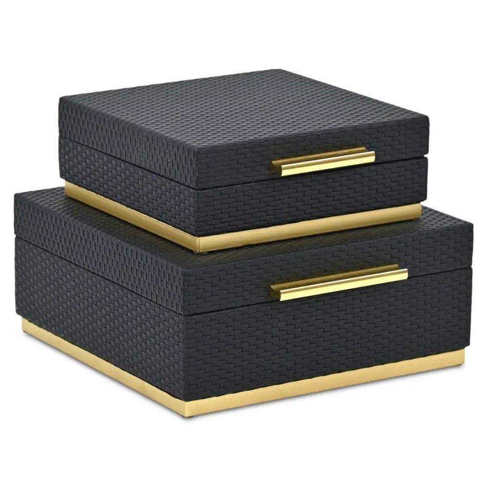 Set of Two Black And Gold Square Nesting Decorative Storage Boxes With Lids HomeRoots