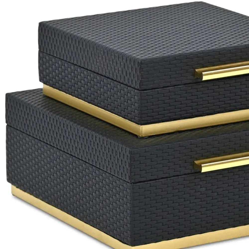 Set of Two Black And Gold Square Nesting Decorative Storage Boxes With Lids HomeRoots