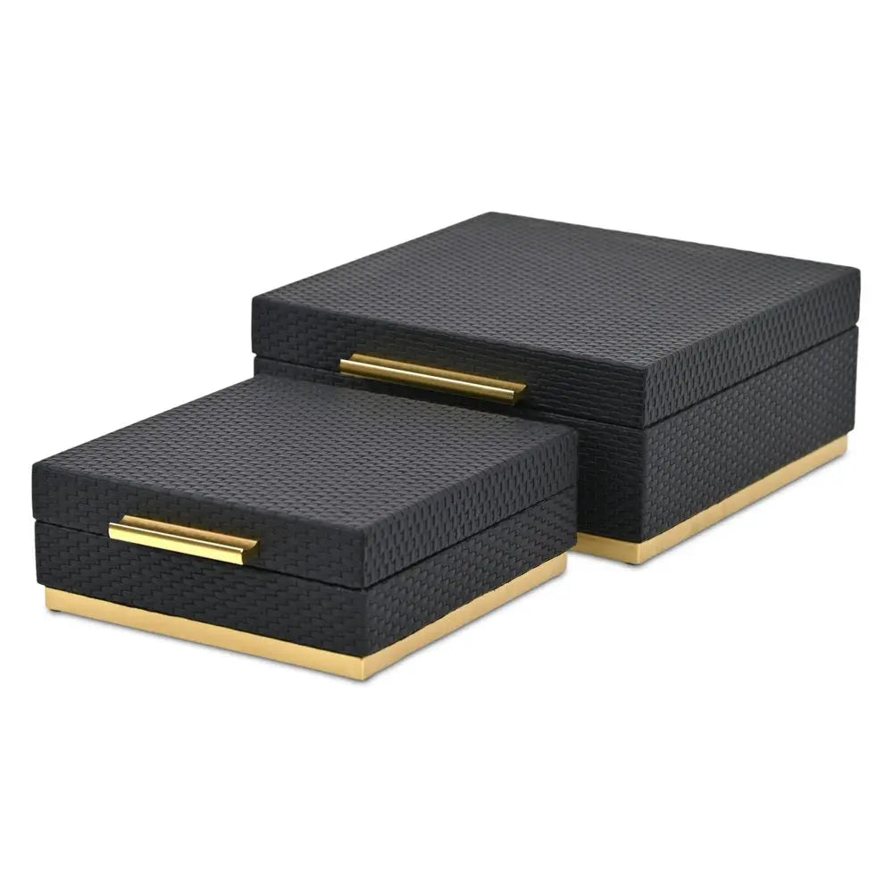 Set of Two Black And Gold Square Nesting Decorative Storage Boxes With Lids HomeRoots