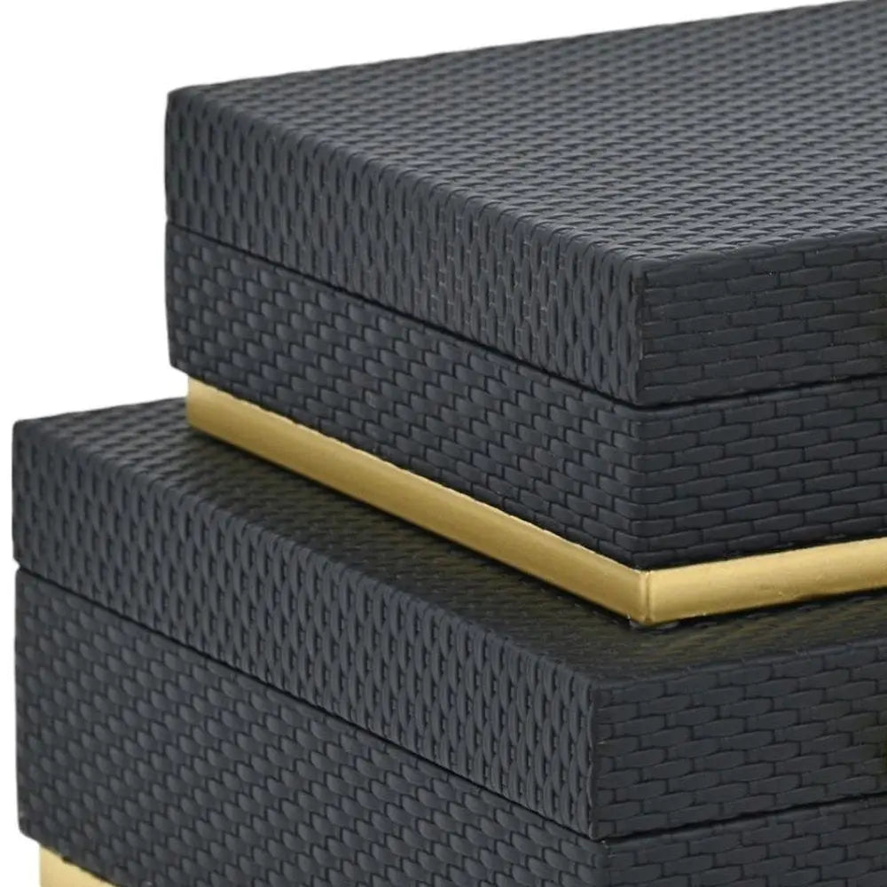 Set of Two Black And Gold Square Nesting Decorative Storage Boxes With Lids HomeRoots