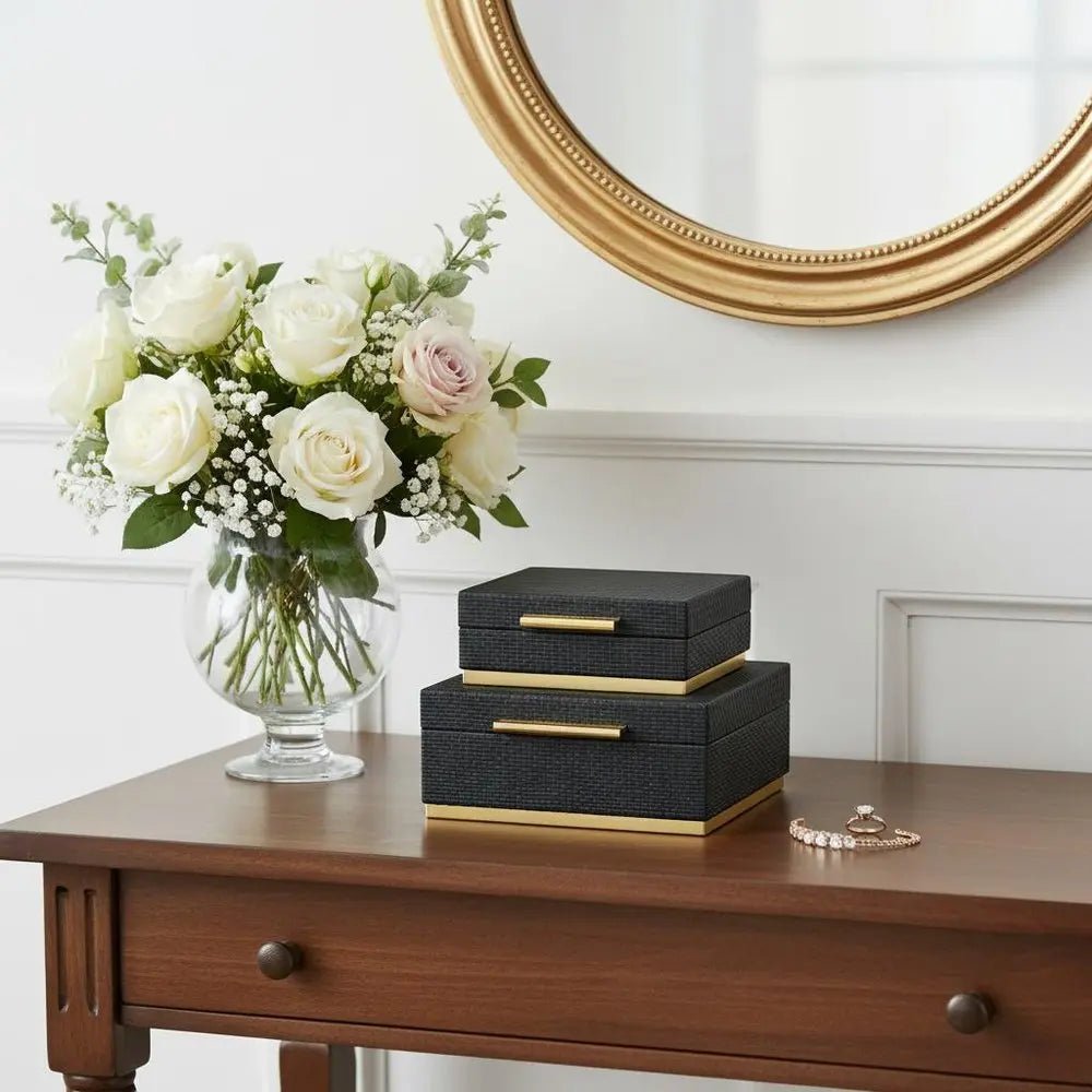Set of Two Black And Gold Square Nesting Decorative Storage Boxes With Lids HomeRoots