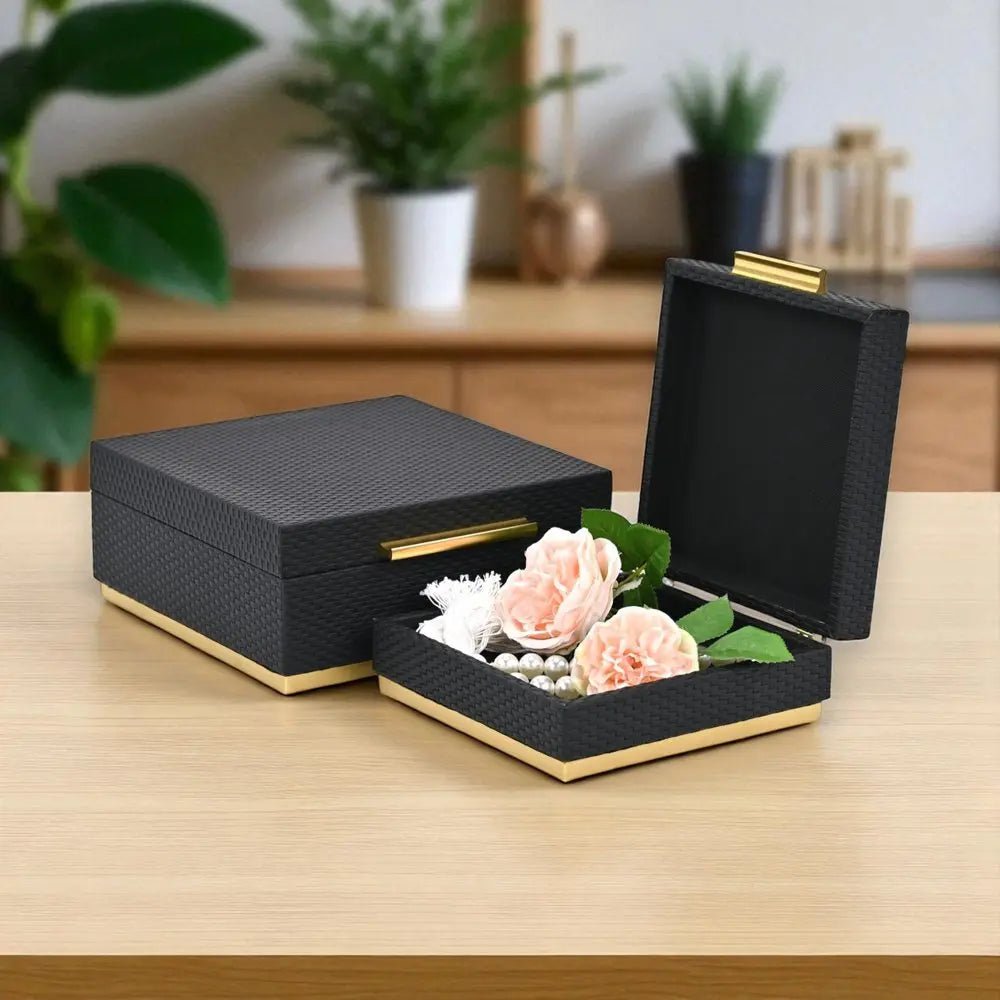 Set of Two Black And Gold Square Nesting Decorative Storage Boxes With Lids HomeRoots