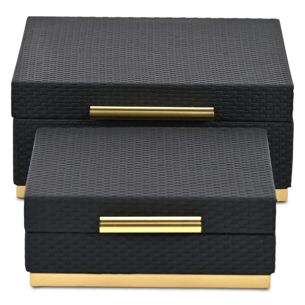 Set of Two Black And Gold Square Nesting Decorative Storage Boxes With Lids HomeRoots