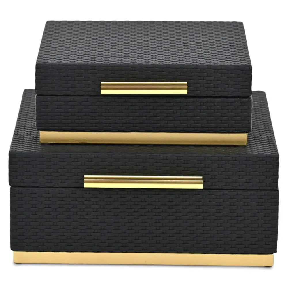 Set of Two Black And Gold Square Nesting Decorative Storage Boxes With Lids HomeRoots