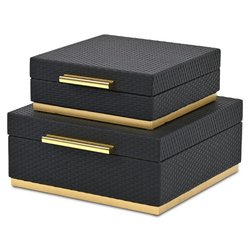 Set of Two Black And Gold Square Nesting Decorative Storage Boxes With Lids HomeRoots