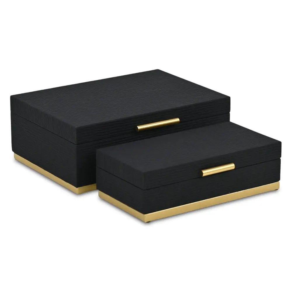 Set of Two Black And Gold Striped Nesting Storage Boxes With Lids HomeRoots