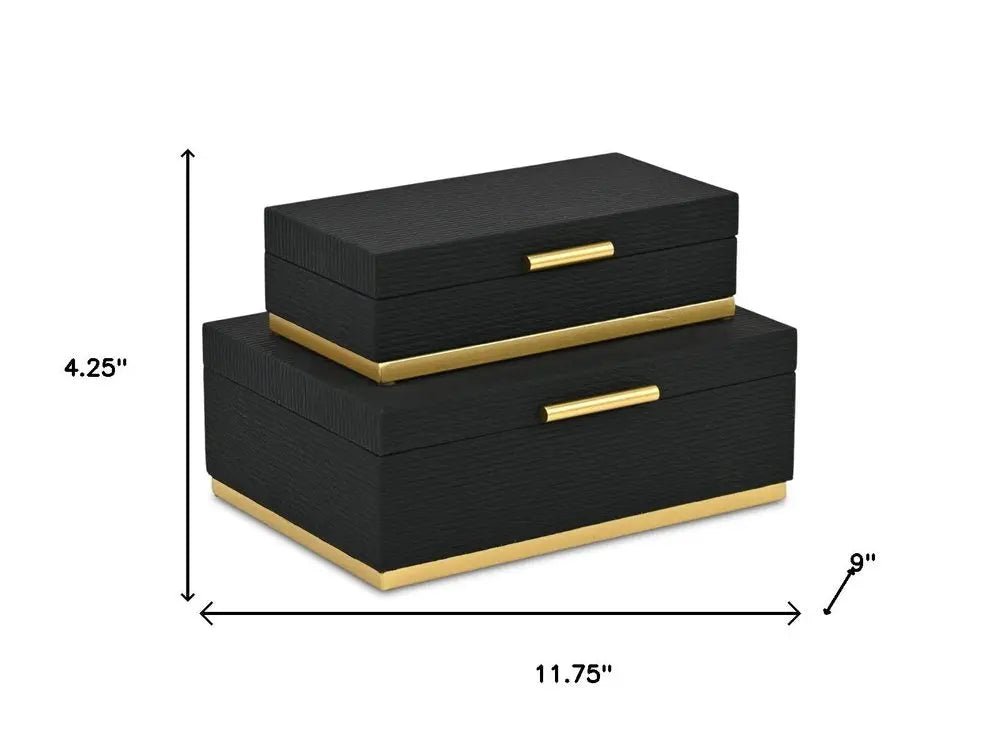 Set of Two Black And Gold Striped Nesting Storage Boxes With Lids HomeRoots