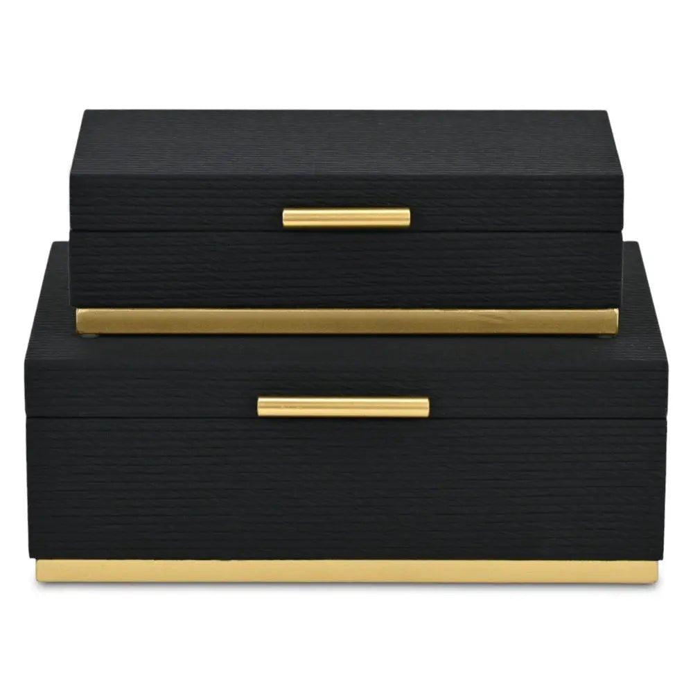 Set of Two Black And Gold Striped Nesting Storage Boxes With Lids HomeRoots