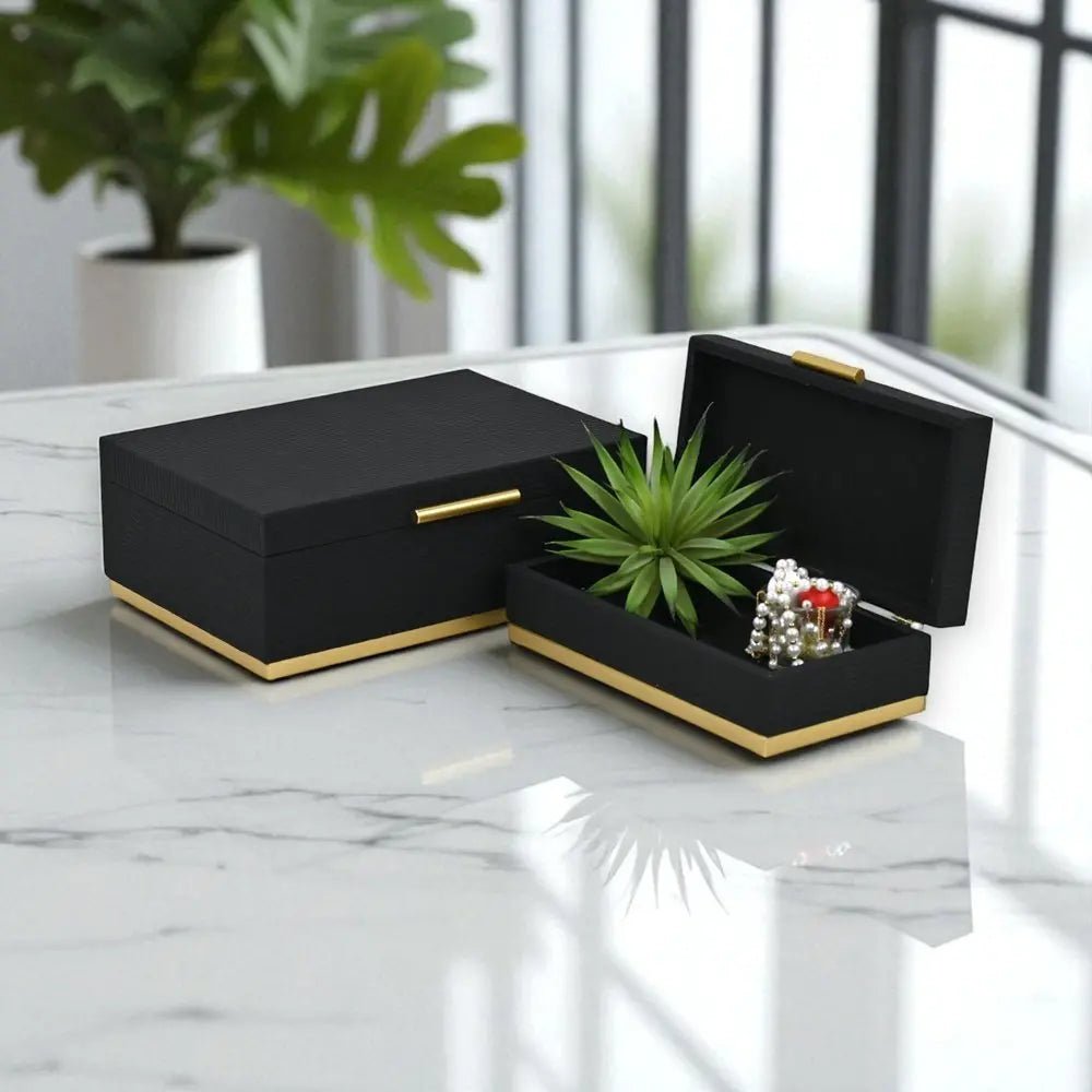 Set of Two Black And Gold Striped Nesting Storage Boxes With Lids HomeRoots