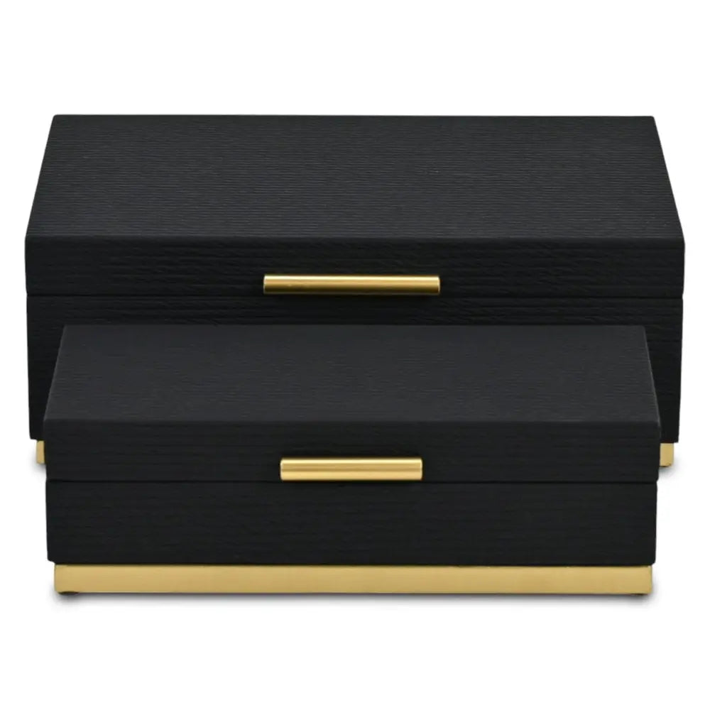 Set of Two Black And Gold Striped Nesting Storage Boxes With Lids HomeRoots