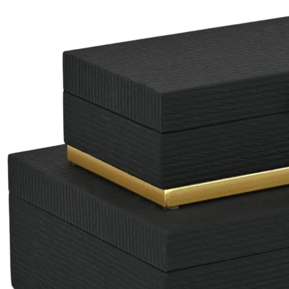 Set of Two Black And Gold Striped Nesting Storage Boxes With Lids HomeRoots