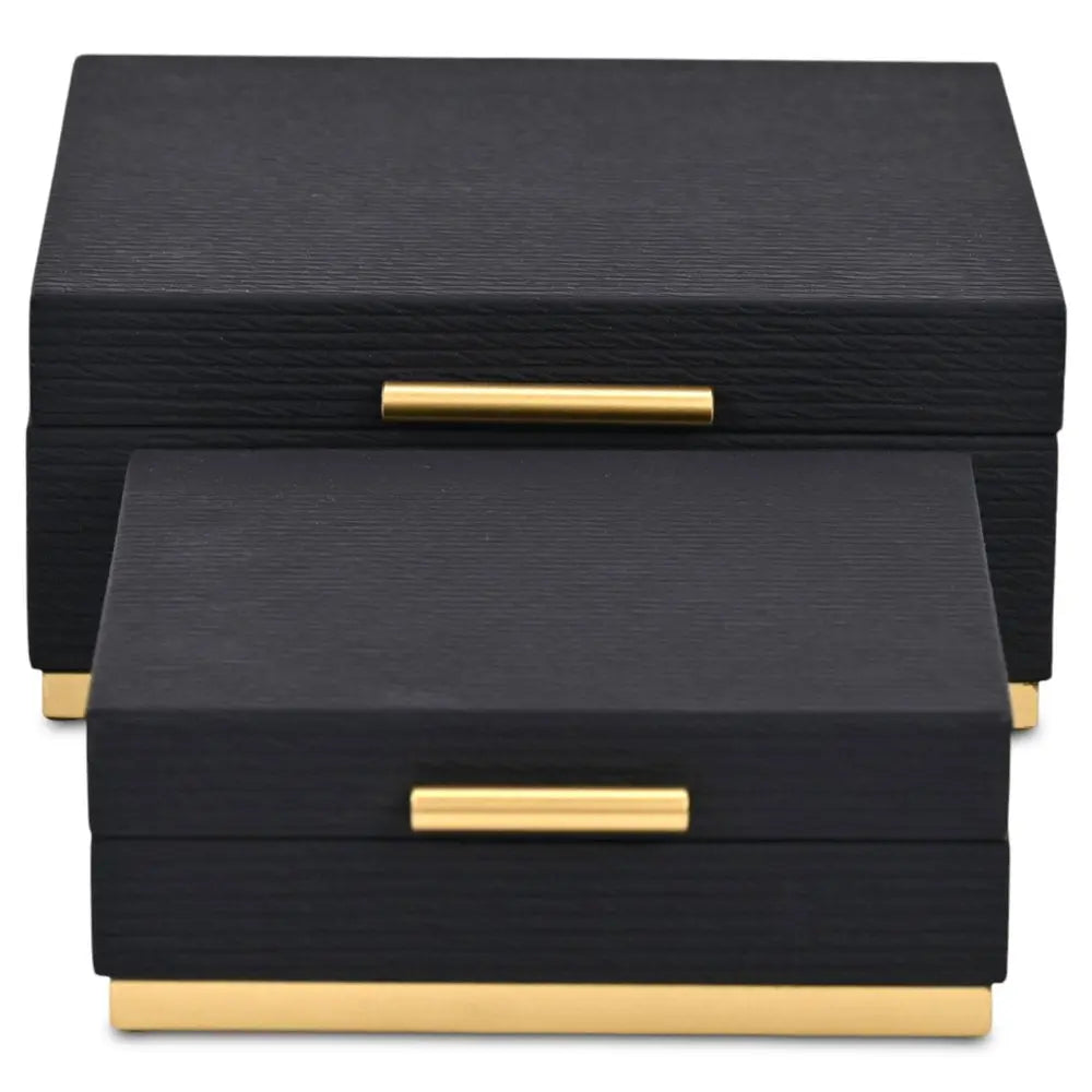 Set of Two Black And Gold Striped Square Nesting Storage Boxes With Lids HomeRoots