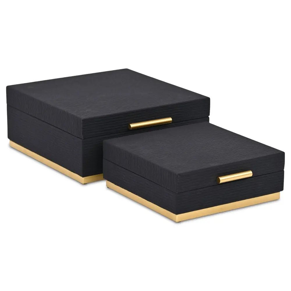 Set of Two Black And Gold Striped Square Nesting Storage Boxes With Lids HomeRoots