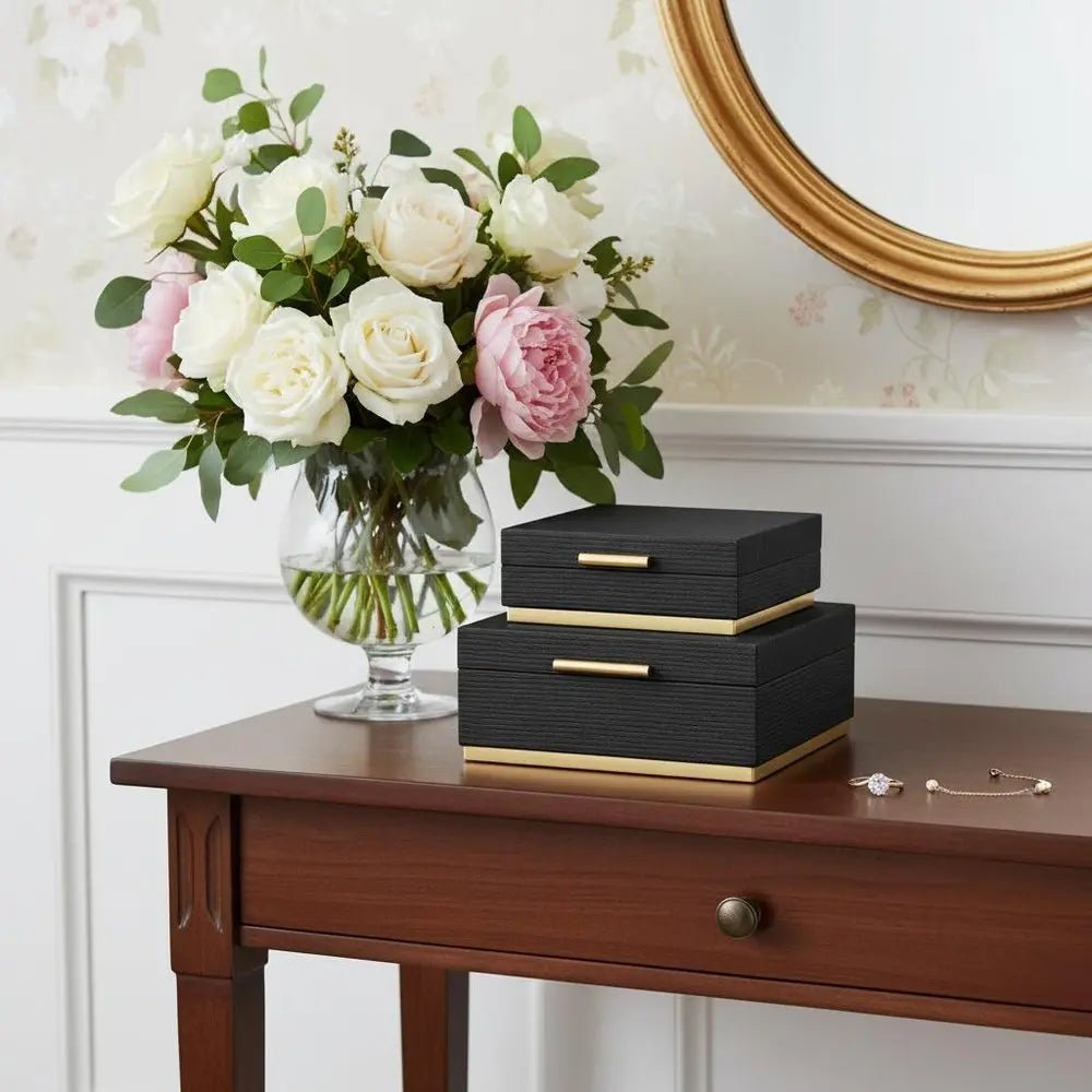 Set of Two Black And Gold Striped Square Nesting Storage Boxes With Lids HomeRoots