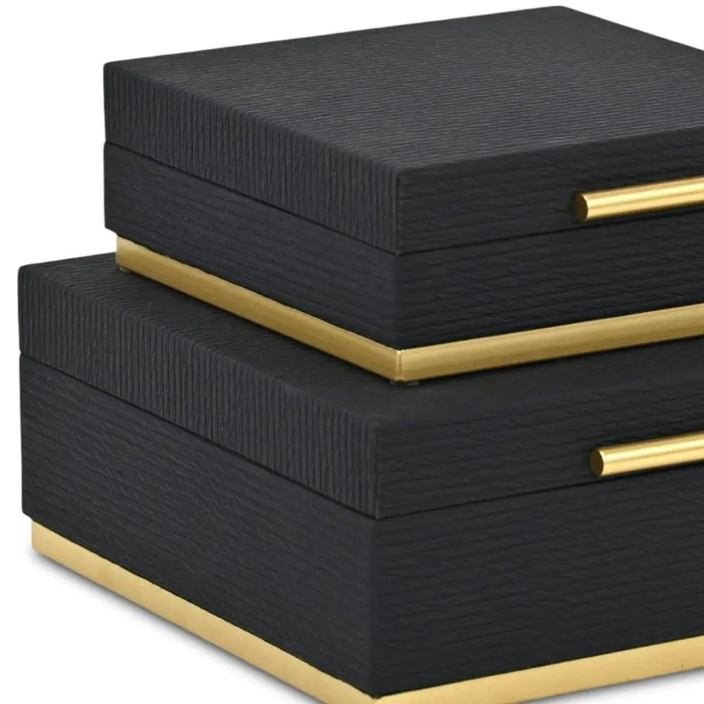 Set of Two Black And Gold Striped Square Nesting Storage Boxes With Lids HomeRoots