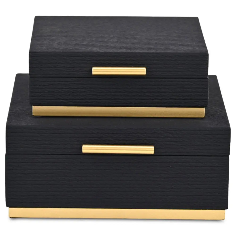 Set of Two Black And Gold Striped Square Nesting Storage Boxes With Lids HomeRoots