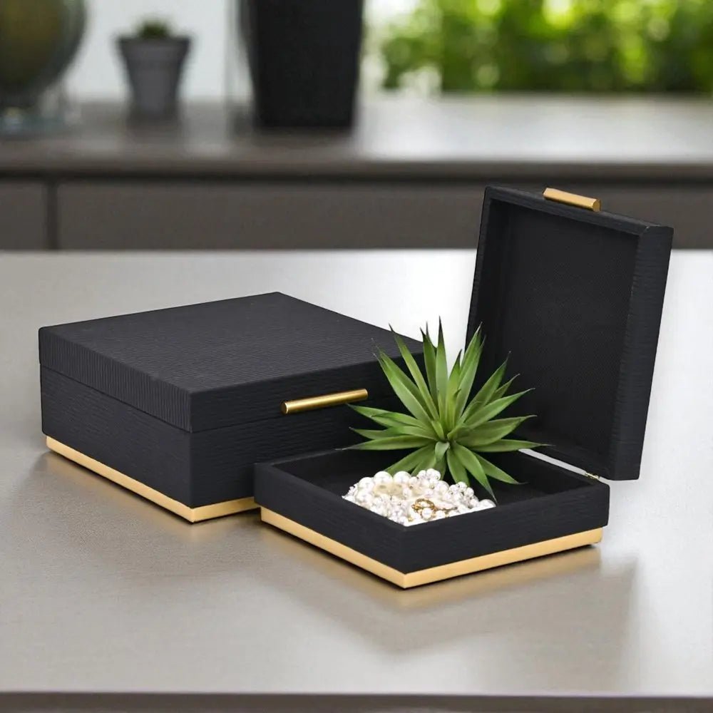 Set of Two Black And Gold Striped Square Nesting Storage Boxes With Lids HomeRoots