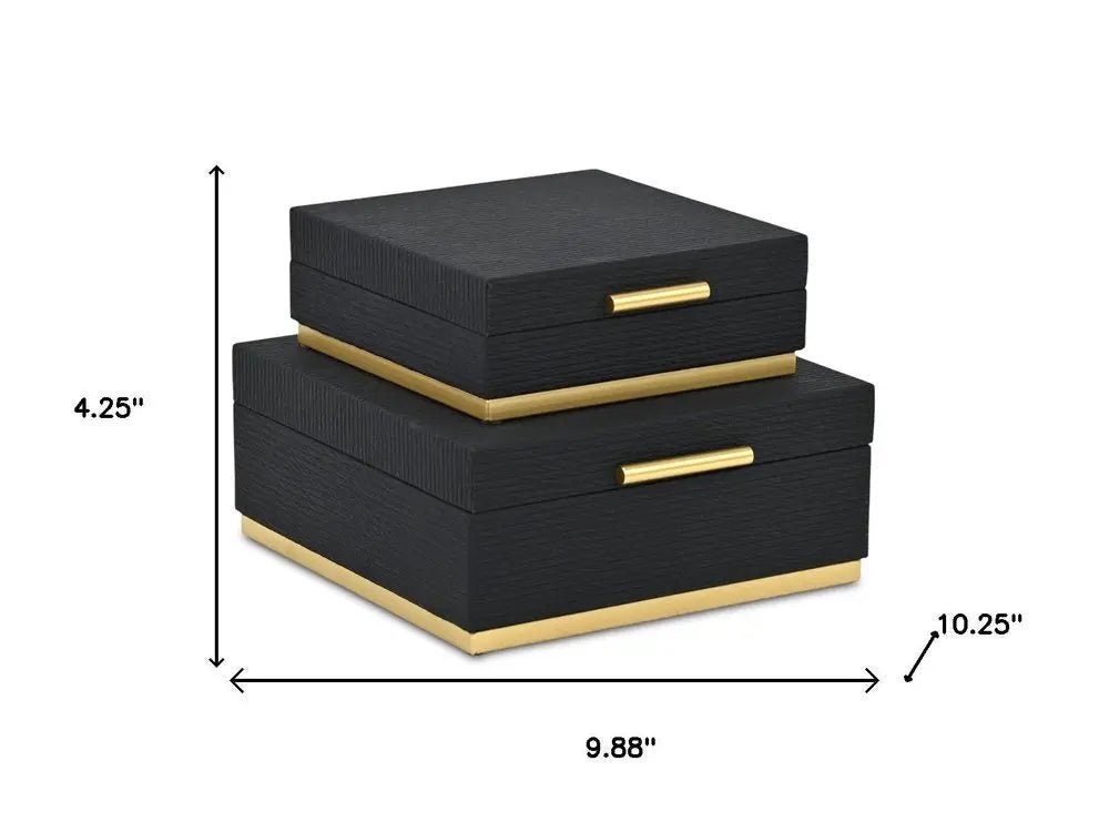 Set of Two Black And Gold Striped Square Nesting Storage Boxes With Lids HomeRoots