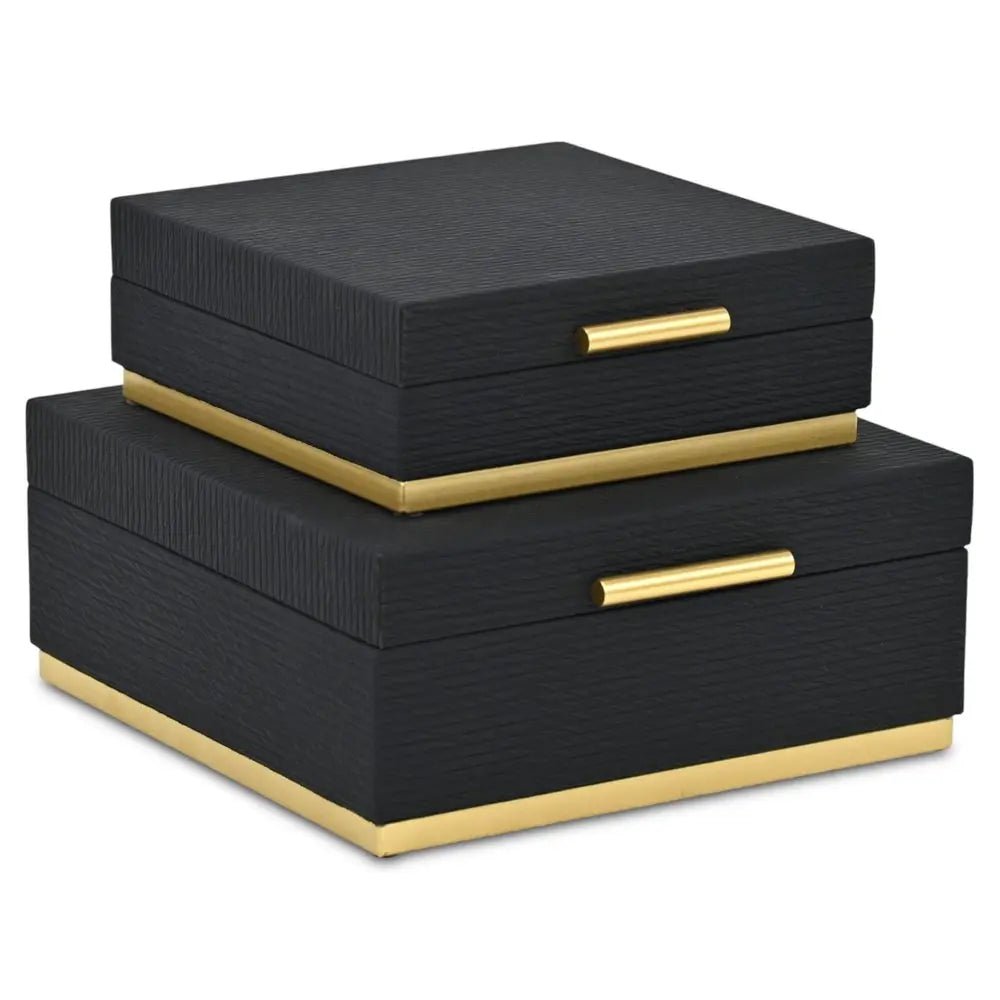 Set of Two Black And Gold Striped Square Nesting Storage Boxes With Lids HomeRoots