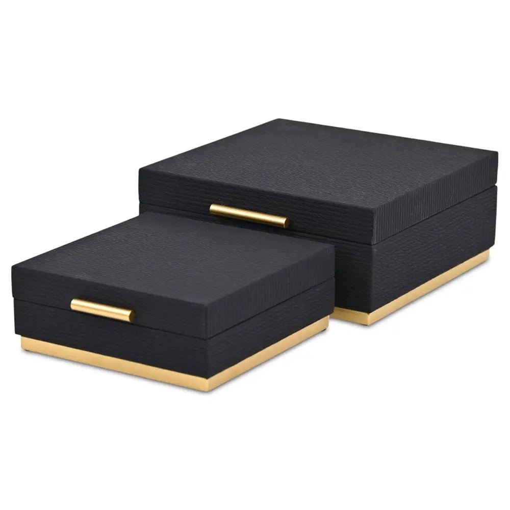 Set of Two Black And Gold Striped Square Nesting Storage Boxes With Lids HomeRoots