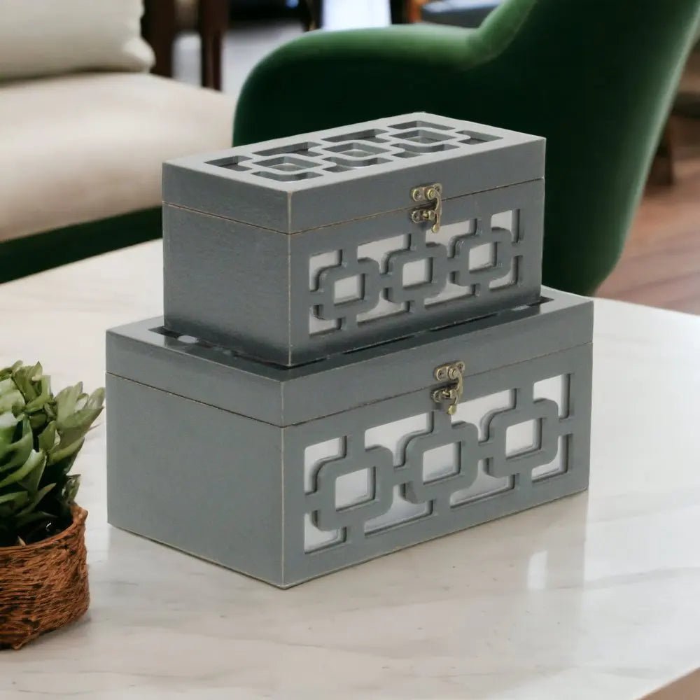 Set of Two Black And White Wood And Mirrored Glass Box With Lid HomeRoots