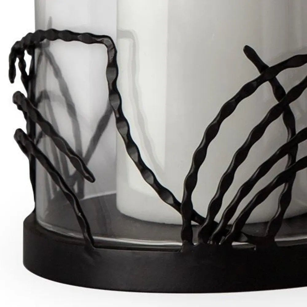 Set of Two Black Botanical Leaf Glass And Metal Tabletop Hurricane Candle Holders HomeRoots