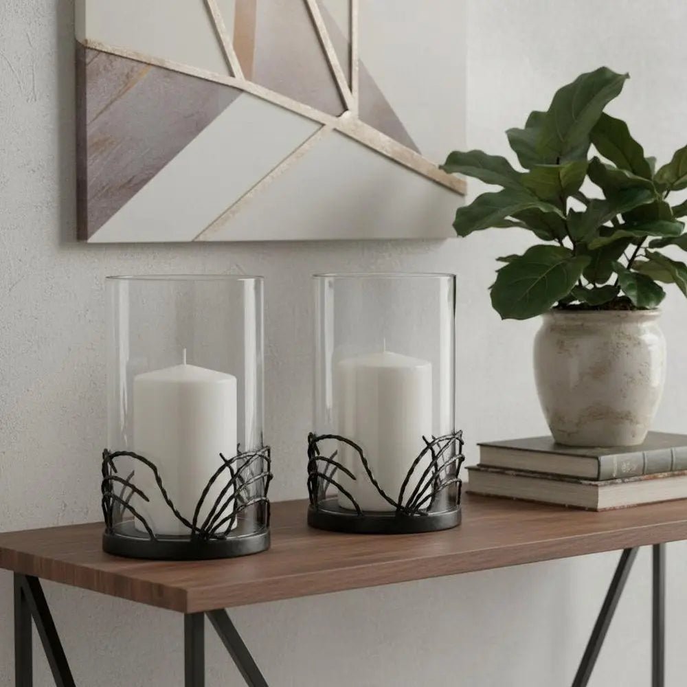 Set of Two Black Botanical Leaf Glass And Metal Tabletop Hurricane Candle Holders HomeRoots