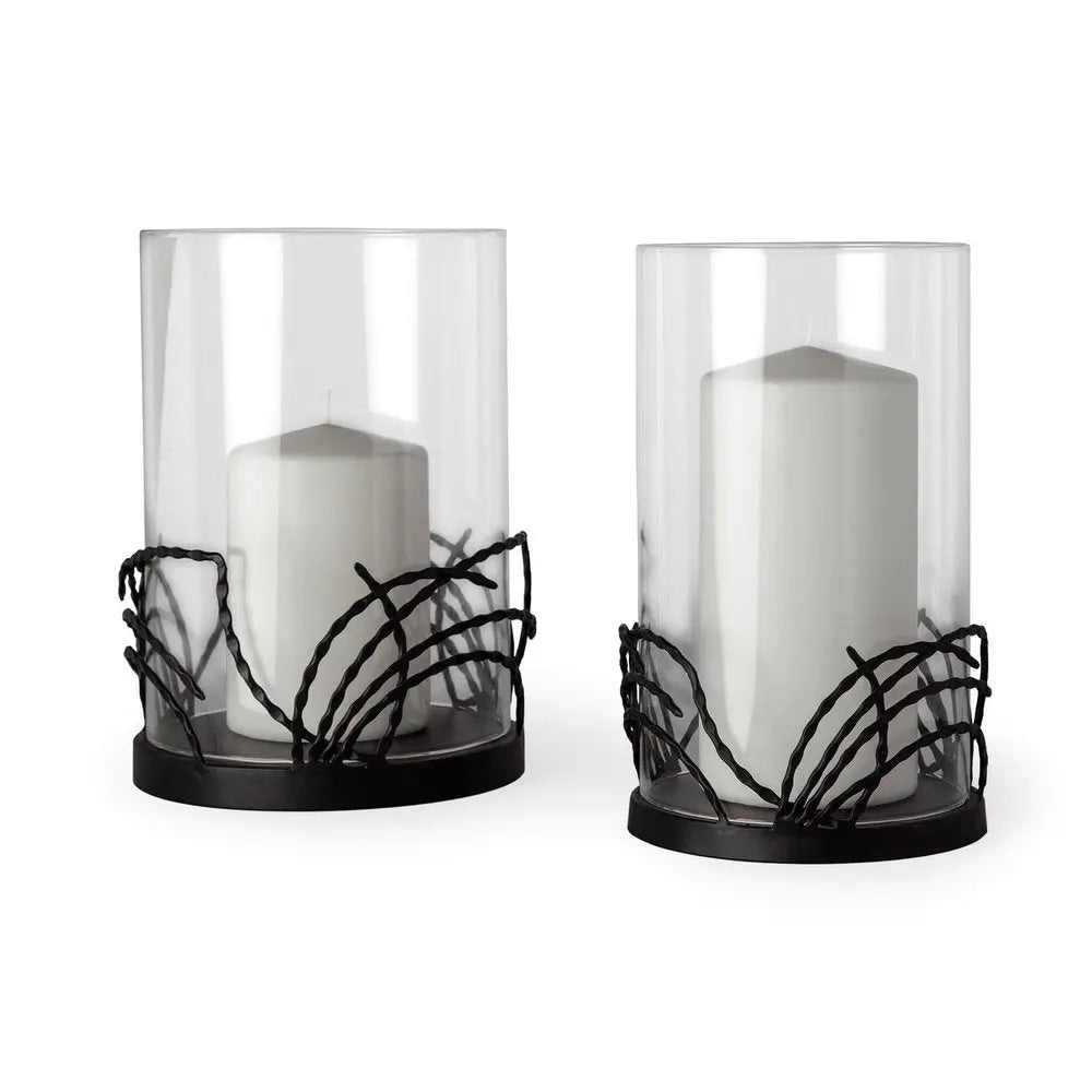 Set of Two Black Botanical Leaf Glass And Metal Tabletop Hurricane Candle Holders HomeRoots