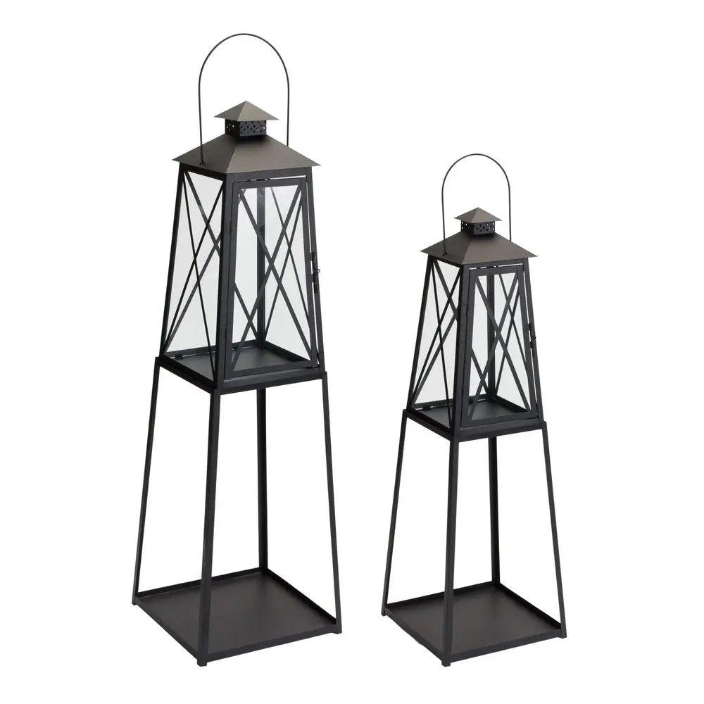 Set of Two Black Distressed Ornate Iron Tabletop Lantern Candle Holders HomeRoots