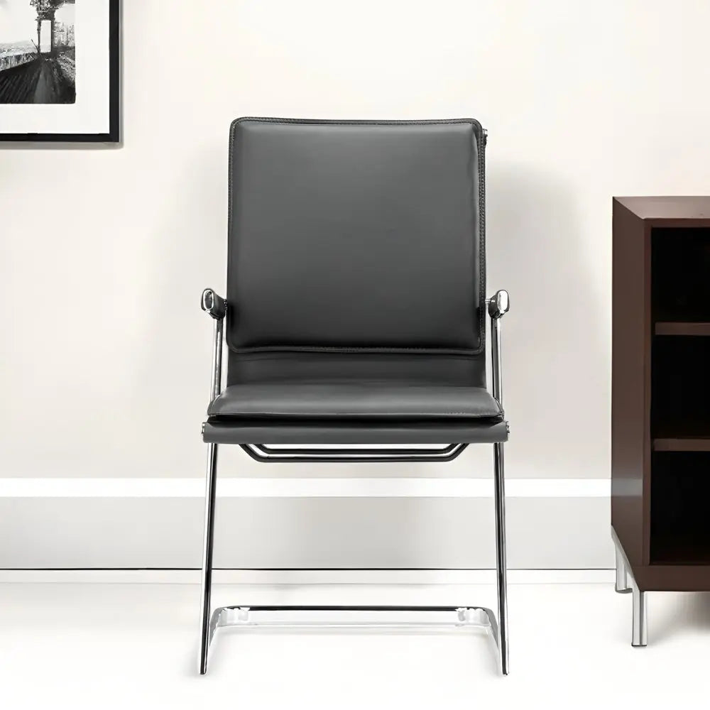 Set Of Two Black Faux Leather Seat Adjustable Conference Chair Metal Back Steel Frame - NOBLE HOME INTERIORS