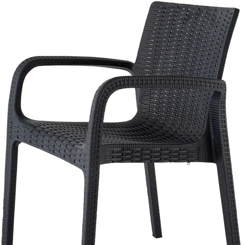 Set of Two Black Faux Rattan Heavy Duty Plastic Outdoor Stacking Arm Chairs - NOBLE HOME INTERIORS