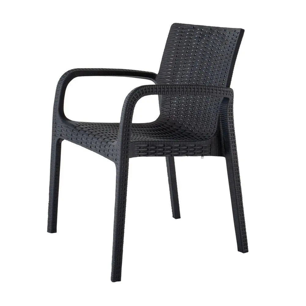 Set of Two Black Faux Rattan Heavy Duty Plastic Outdoor Stacking Arm Chairs - NOBLE HOME INTERIORS