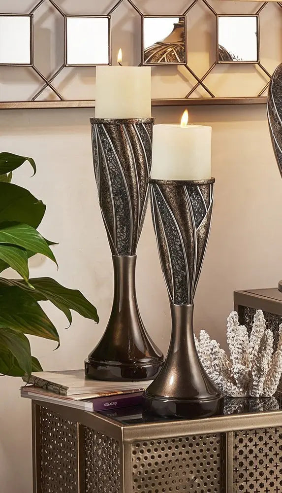 Set of Two Black Silver and Bronze Polyresin Abstract Centerpiece Pillar Candle Holders With Candle - NOBLE HOME INTERIORS