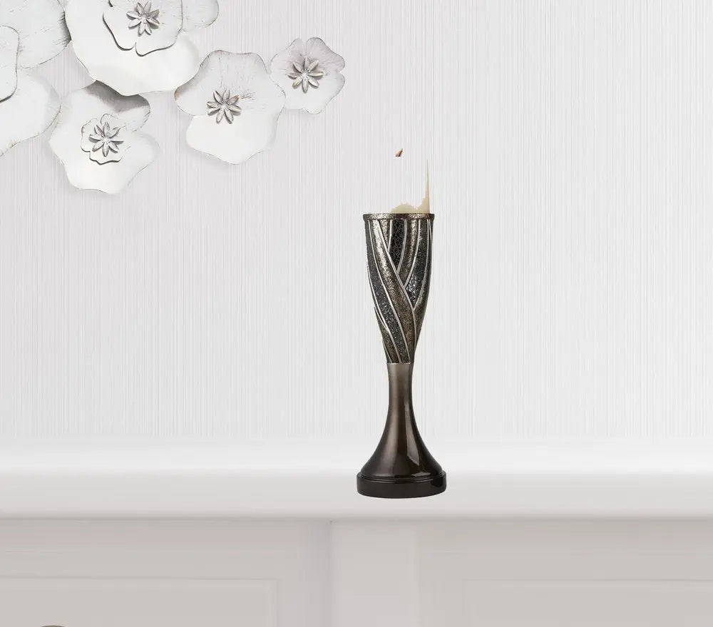 Set of Two Black Silver and Bronze Polyresin Abstract Centerpiece Pillar Candle Holders With Candle - NOBLE HOME INTERIORS